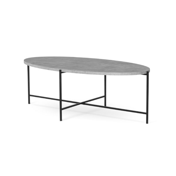 Ett ellips format soffbord vid namn Monza. Skivan är i grå betong laminat och ställningen i svart metall.