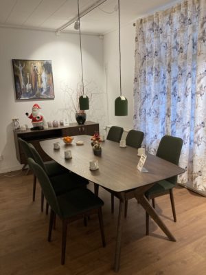 Matbord och stol ur serien hampton från Torkelson. Bordet är 210x100 cm. Stolen är beige eller grön. Vi har nu rea på demo ex av bord och 6 gröna stolar.