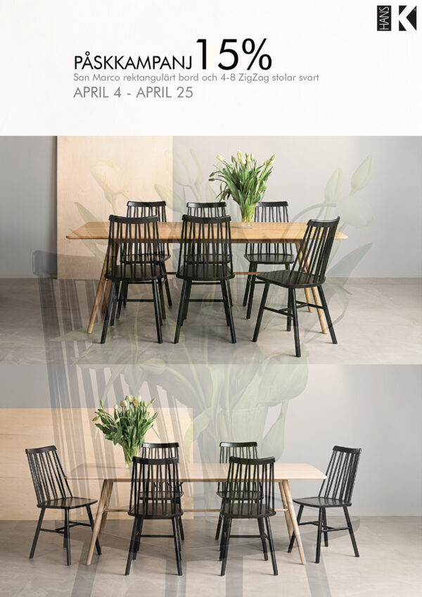 Köp san marco bord och zig zag stol från Hans Kmed 15% rabatt. Erbjudandet gäller vid köp av san marco rektangulärt bord i kombination med 4-8 svarta zig zag stolar.