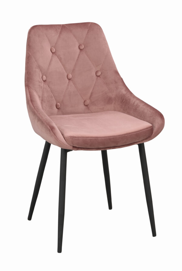 Stol i rosa sammet från Rowico. Denna stol heter Alberton och har knappar i ryggen.