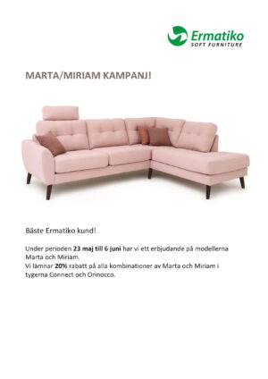 20% rabatt på byggbara soffa från Ermatiko. Gäller Marta och Miriam soffa. Rea fram till 6/6. Välj mellan olika tyger.