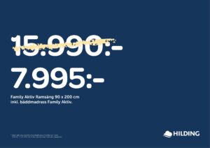 50 % rabatt på sängar, bäddmadrasser och ben från Hilding. Gäller endast i utvalda tyger.