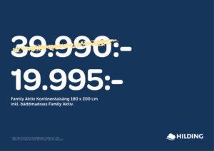 50 % rabatt på sängar, bäddmadrasser och ben från Hilding. Gäller endast i utvalda tyger.