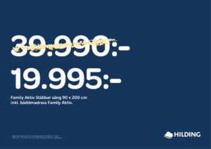 50 % rabatt på sängar, bäddmadrasser och ben från Hilding. Gäller endast i utvalda tyger.