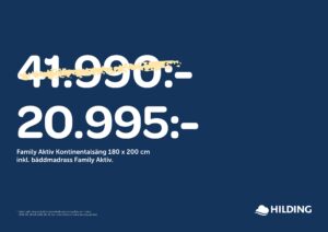 50 % rabatt på sängar, bäddmadrasser och ben från Hilding. Gäller endast i utvalda tyger.