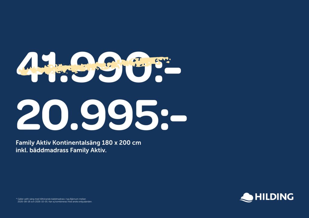 50% rabatt på Family aktiv kontinentalsäng 50 % rabatt på sängar, bäddmadrasser och ben från Hilding. Gäller endast i utvalda tyger.