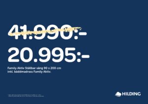 50 % rabatt på sängar, bäddmadrasser och ben från Hilding. Gäller endast i utvalda tyger.
