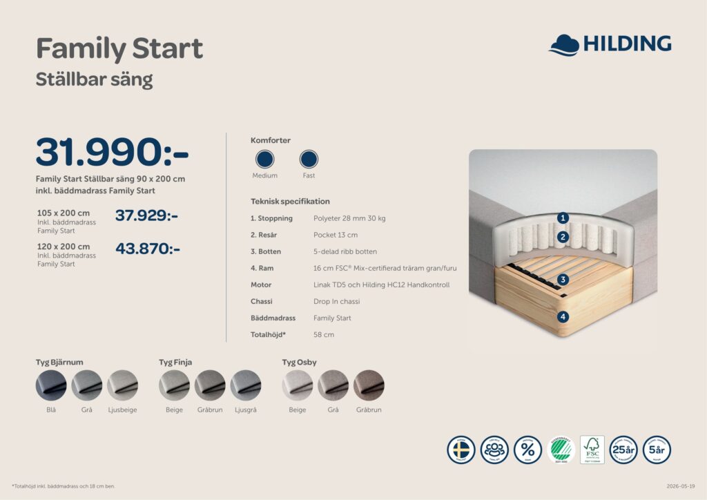 Hilding ställbar säng Family Start nu med 50% rabatt. En genomskärning av sängen Family Start från Hilding. Se uppbyggnaden, storlekar och färger.