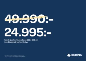 50 % rabatt på sängar, bäddmadrasser och ben från Hilding. Gäller endast i utvalda tyger.