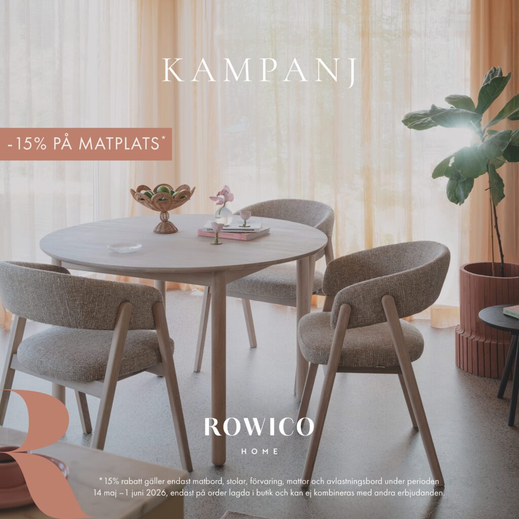 Rowico 15% rabatt Ett bra erbjudande på Rowicos sortiment. Nu kan du köpa deras möbler med 15% rabatt. Rabatten gäller för möbler till matrummet.