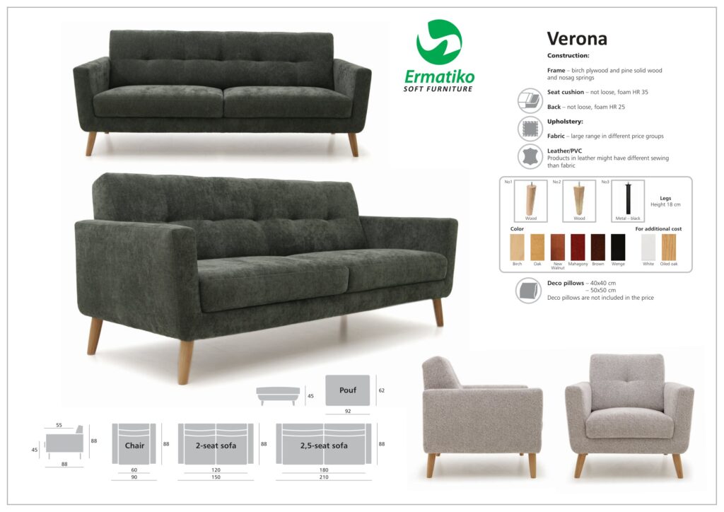 Verona soffa och fåtölj Verona soffa. Verona är en somma från Ermatiko med fasta dynor. Soffan finns i många olika färger.